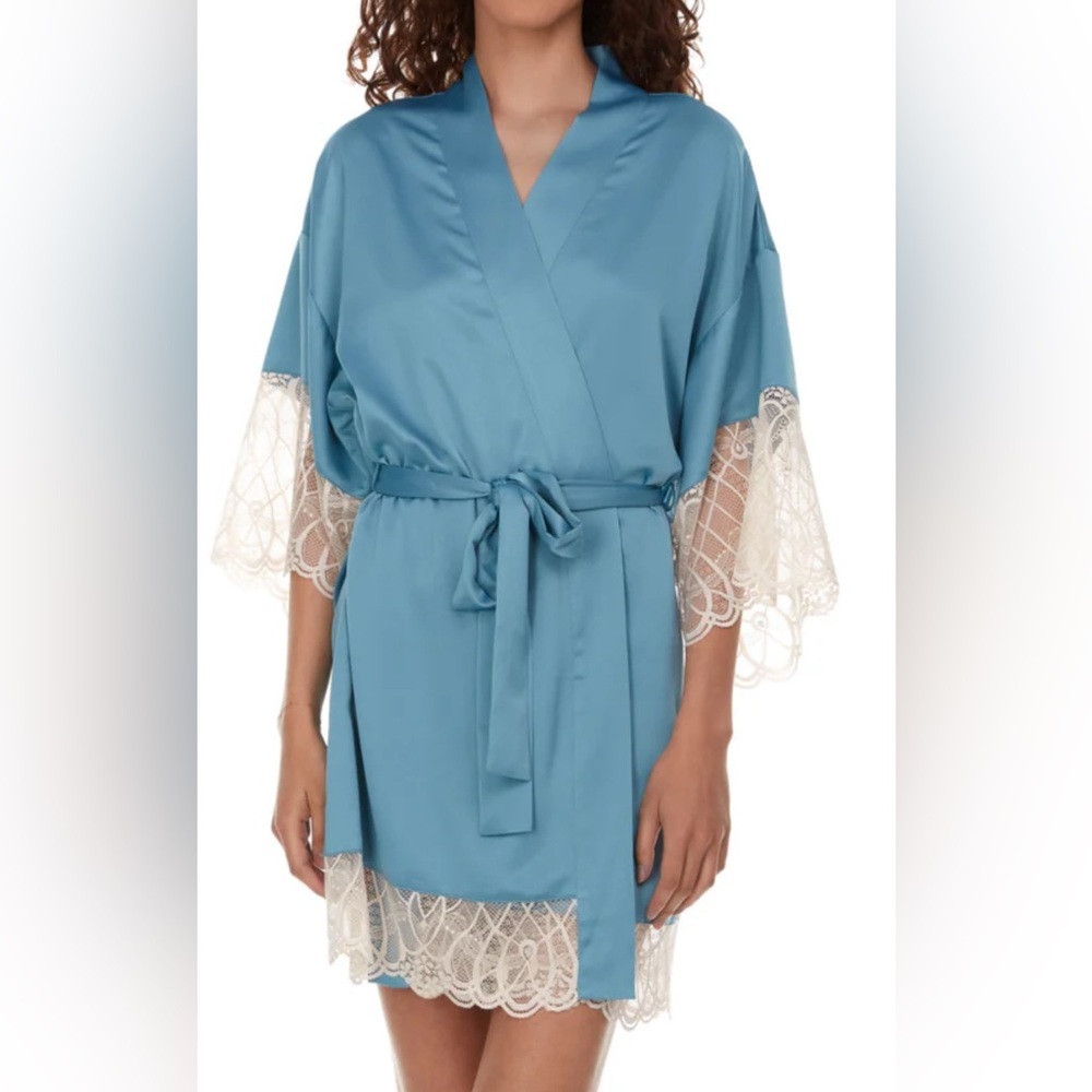 Flora Nikrooz Teal Gabby Charmeuse Wrap Robe with Lace Details. NWT Size L - Picture 2 of 8